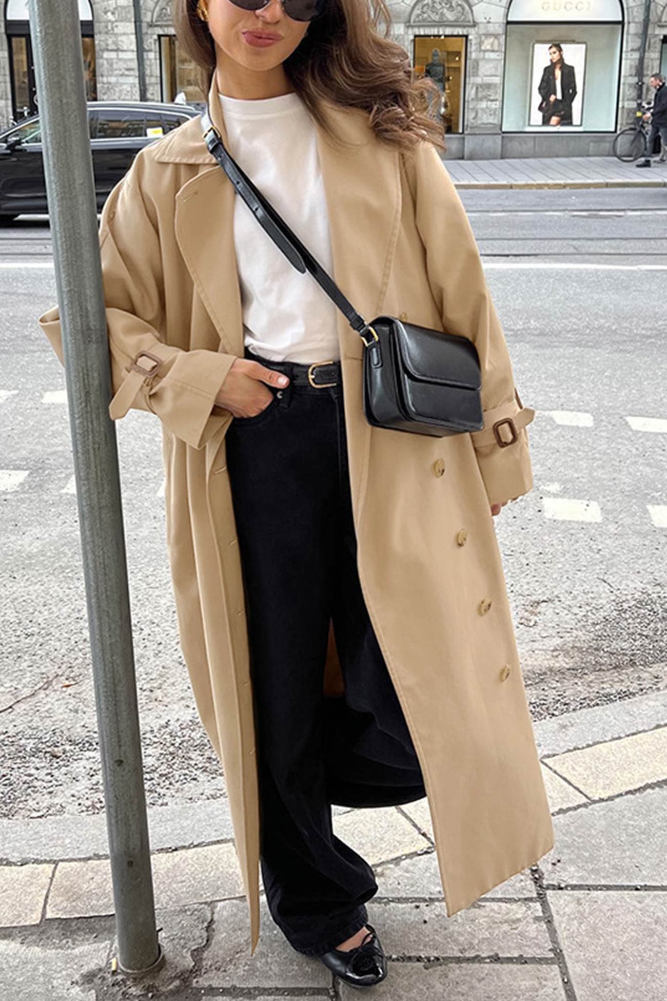 Khaki Double-breasted Long Trench