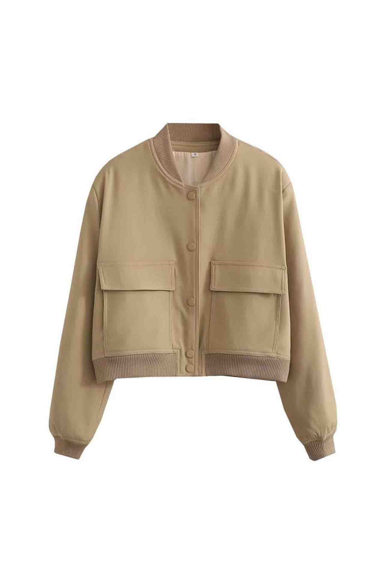 Solid Color Pocket Stand Collar Jacket