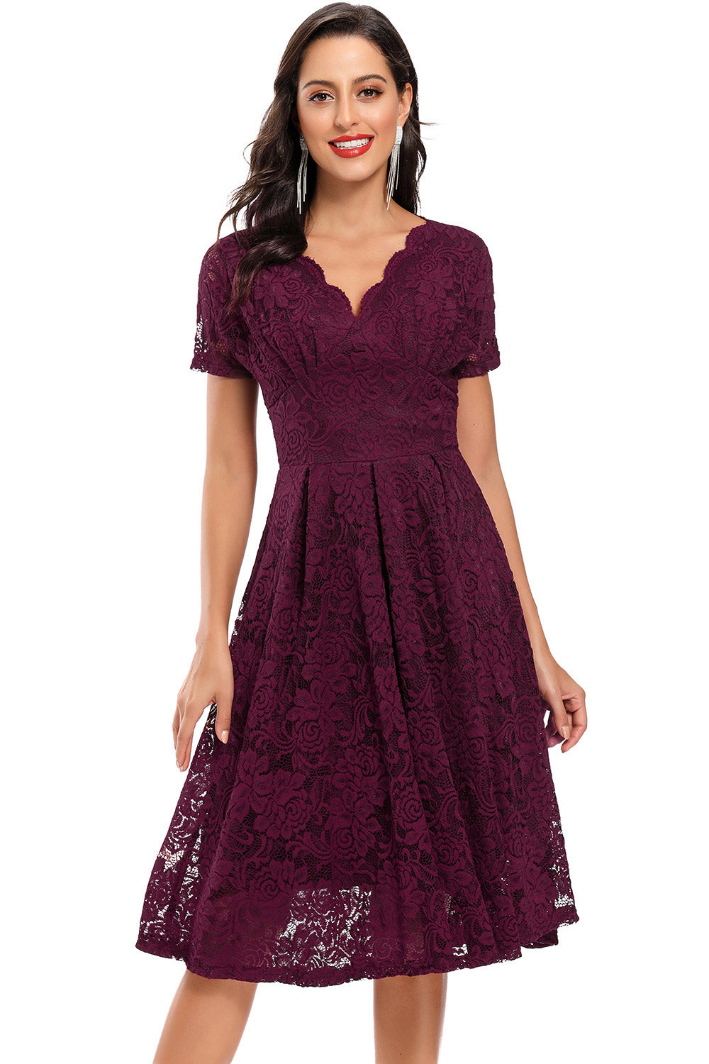 Knee-Length Burgundy Lace Cocktail Party Dresses