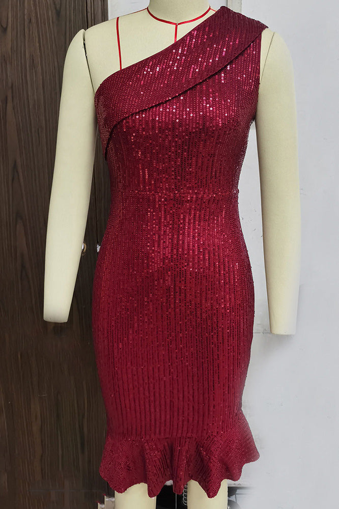 Knee Length Burgundy Sequins One Shoulder Cocktail Party Dress