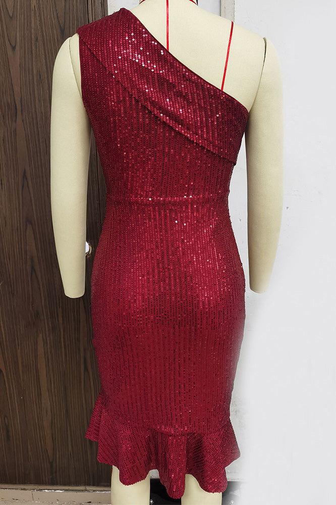 Knee Length Burgundy Sequins One Shoulder Cocktail Party Dress