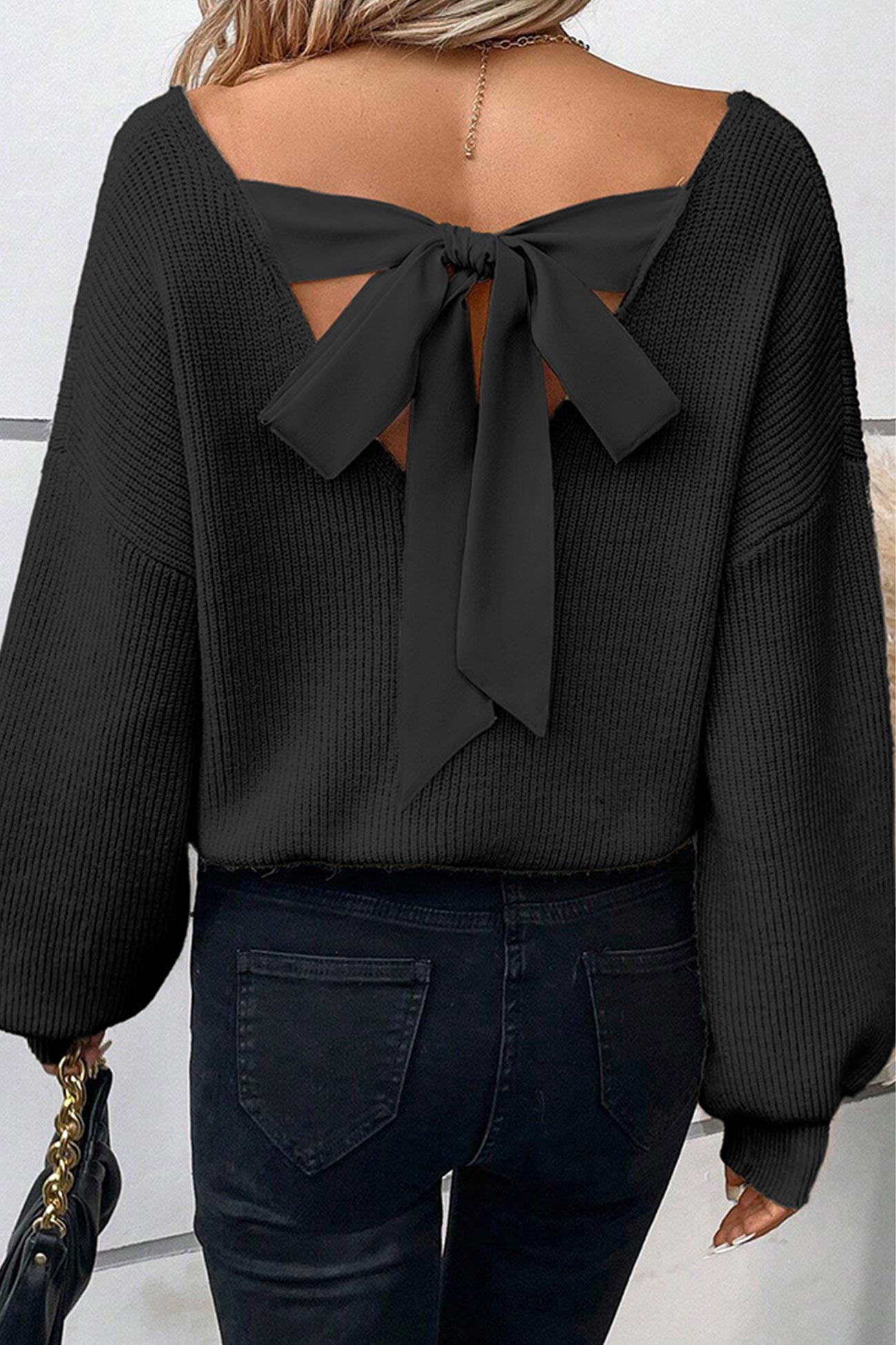 Lantern Sleeve V Neck Back Bow-knot Sweater