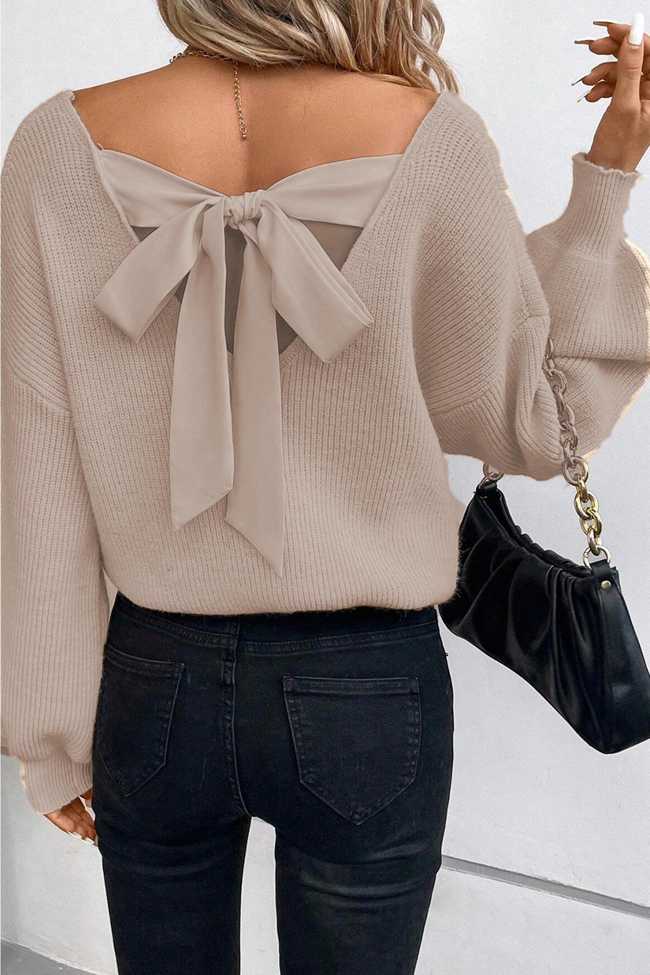 Lantern Sleeve V Neck Back Bow-knot Sweater