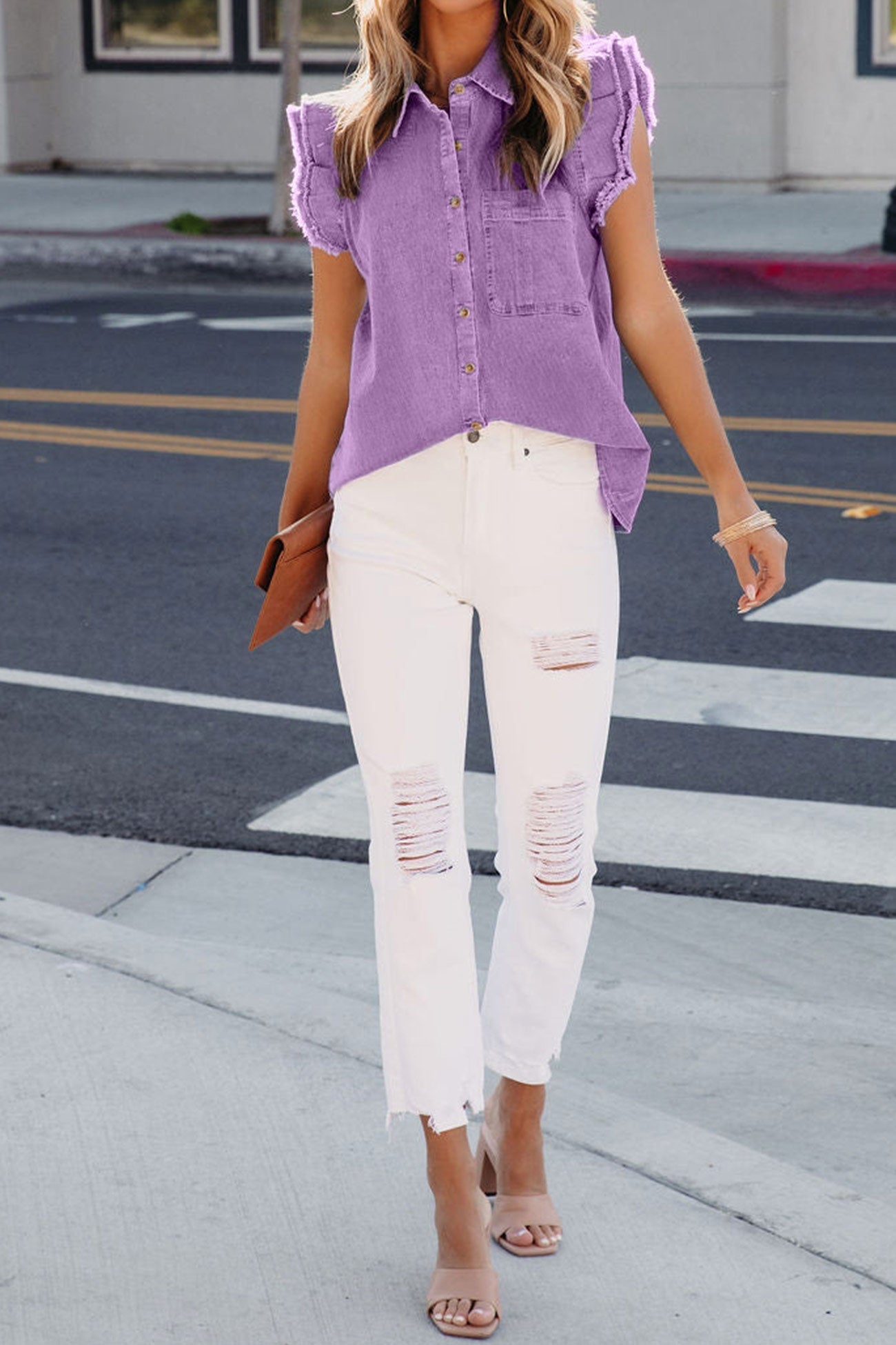 Lapel Button-down Ruffle Sleeveless Denim Jacket