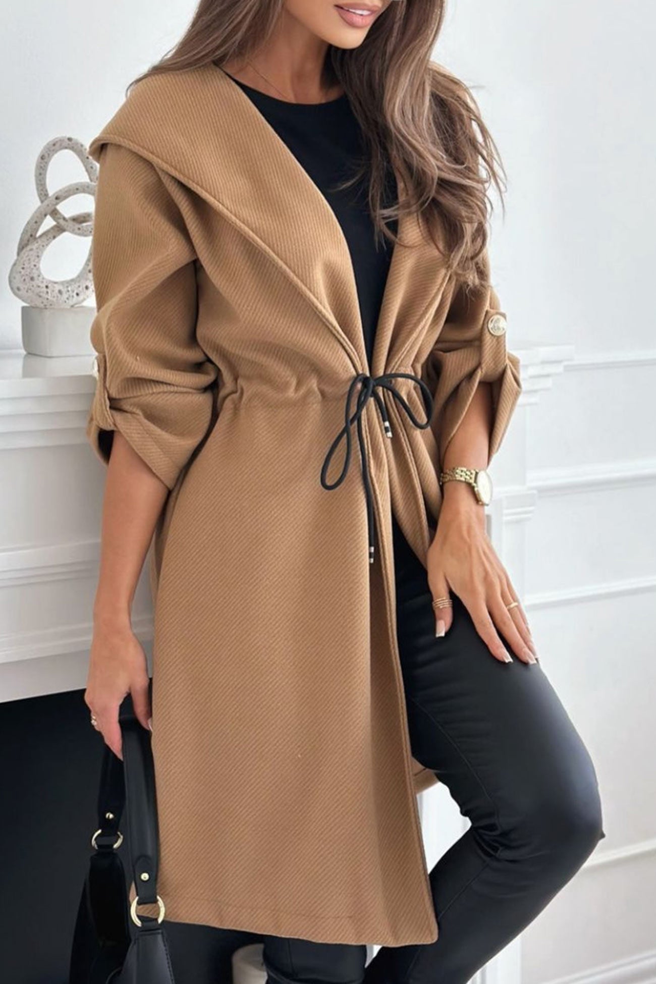 Lapel Hooded Tie-up Mid-length Trench