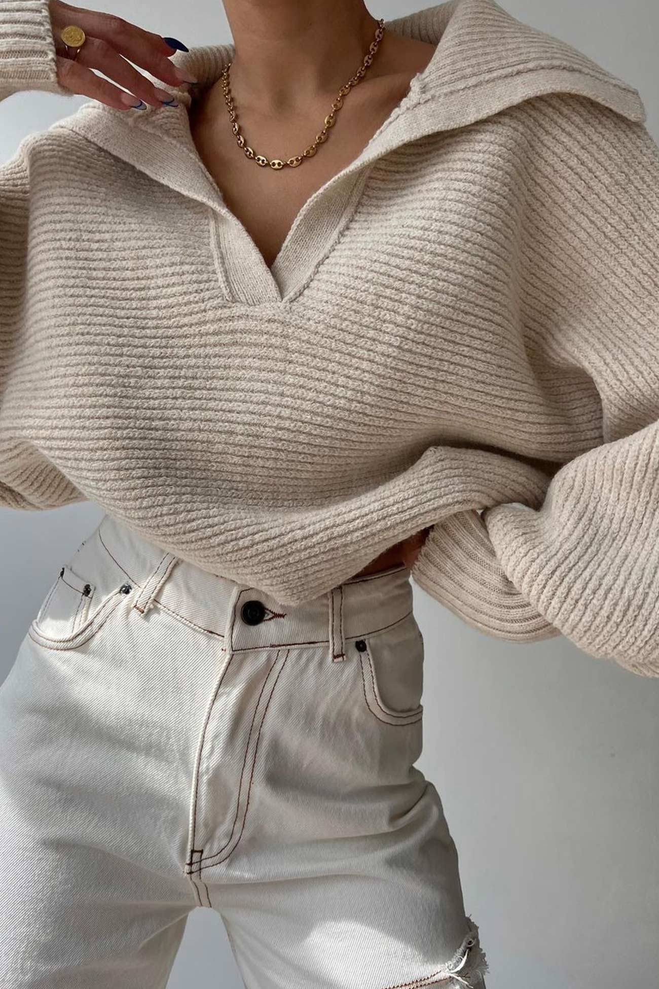 Lapel V Neck Puff Sleeve Sweater