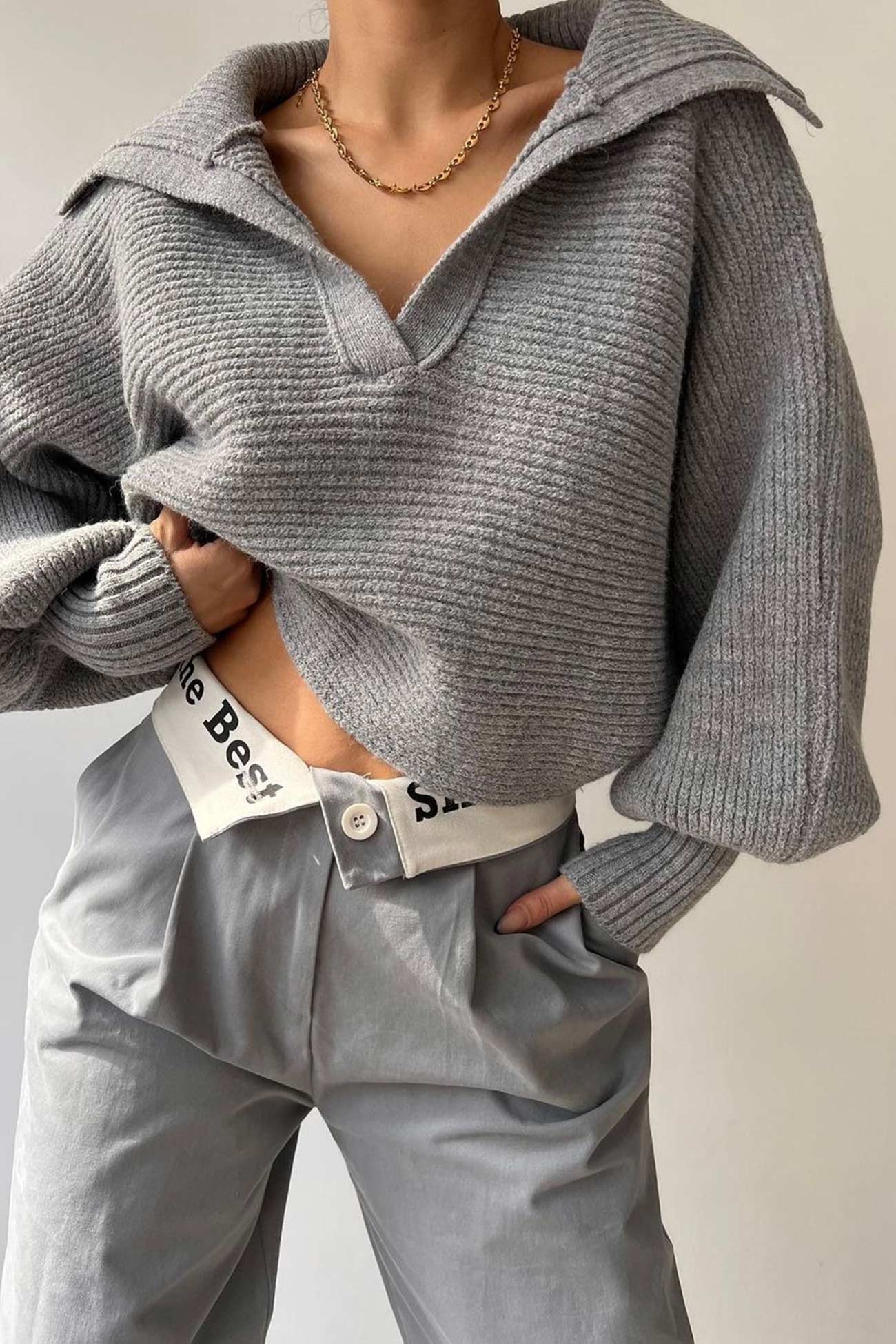 Lapel V Neck Puff Sleeve Sweater