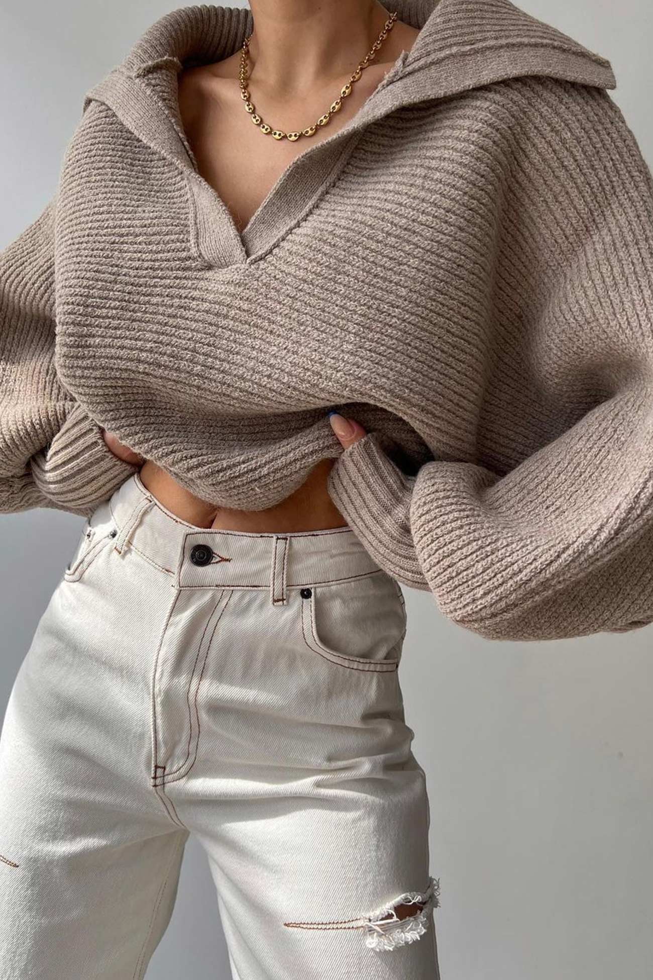 Lapel V Neck Puff Sleeve Sweater