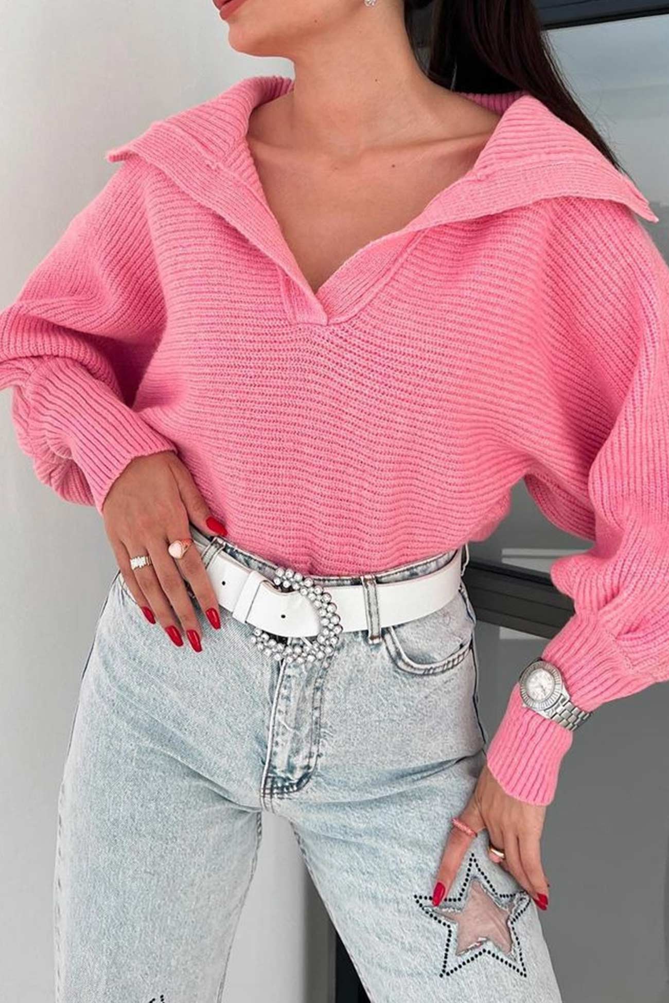 Lapel V Neck Puff Sleeve Sweater