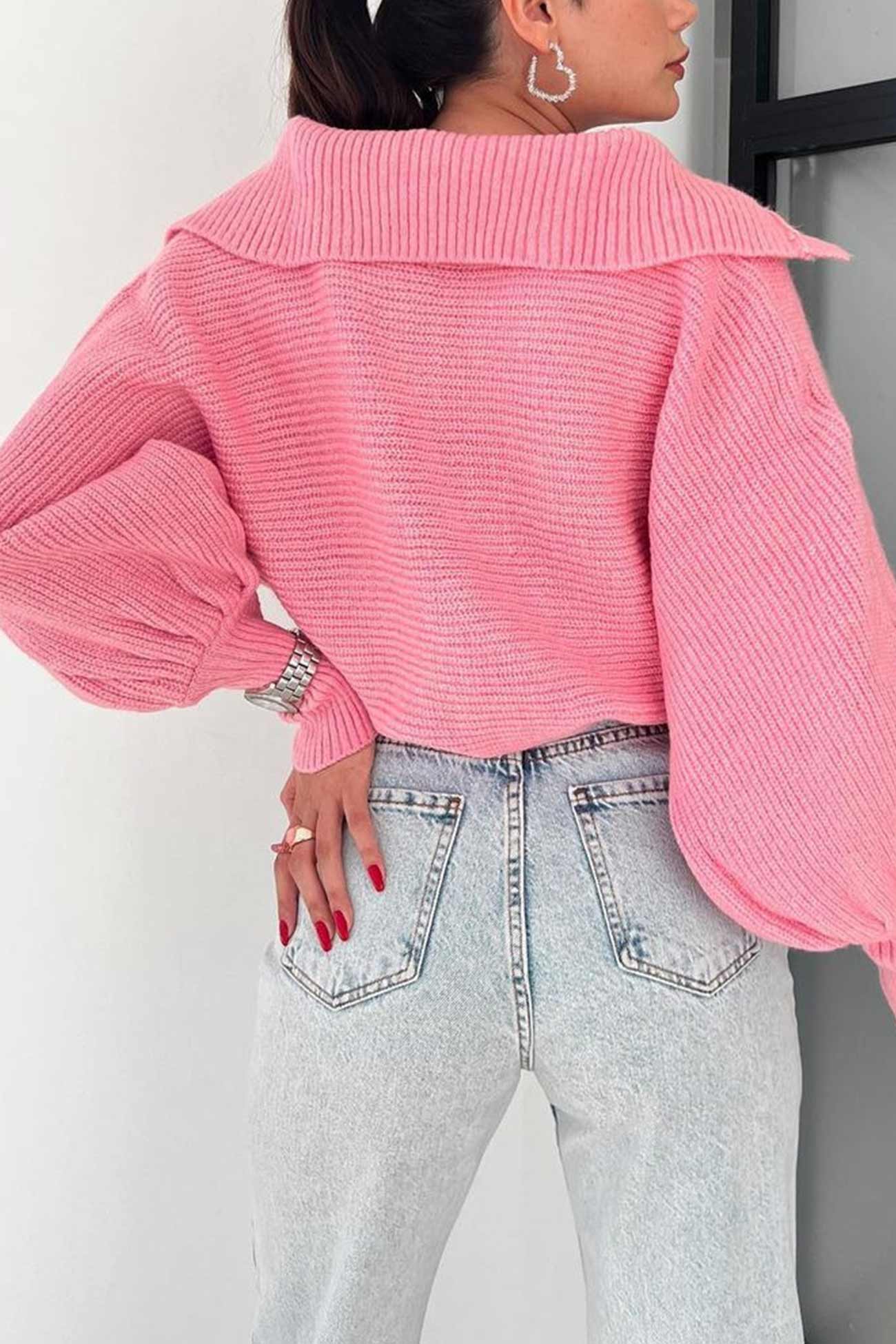 Lapel V Neck Puff Sleeve Sweater