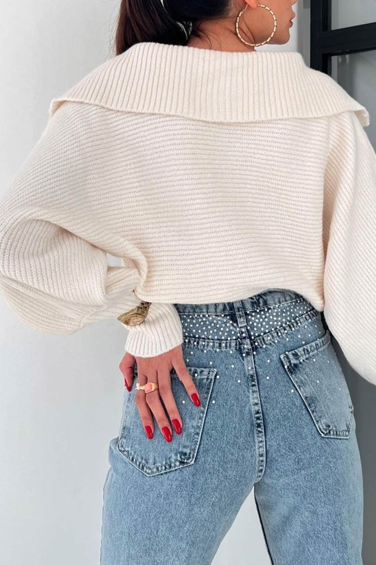 Lapel V Neck Puff Sleeve Sweater