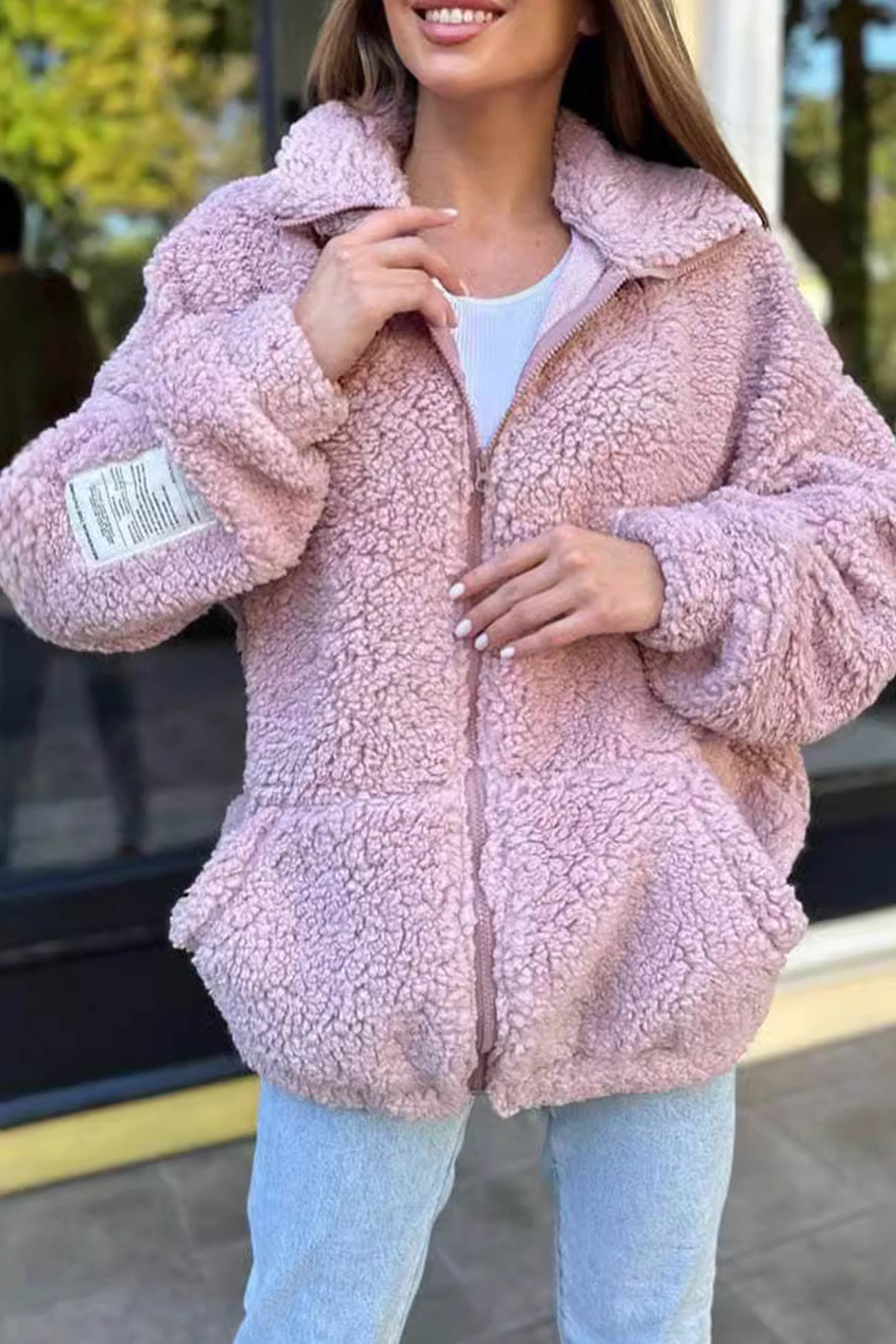 Lapel Zip-up Plush Coat