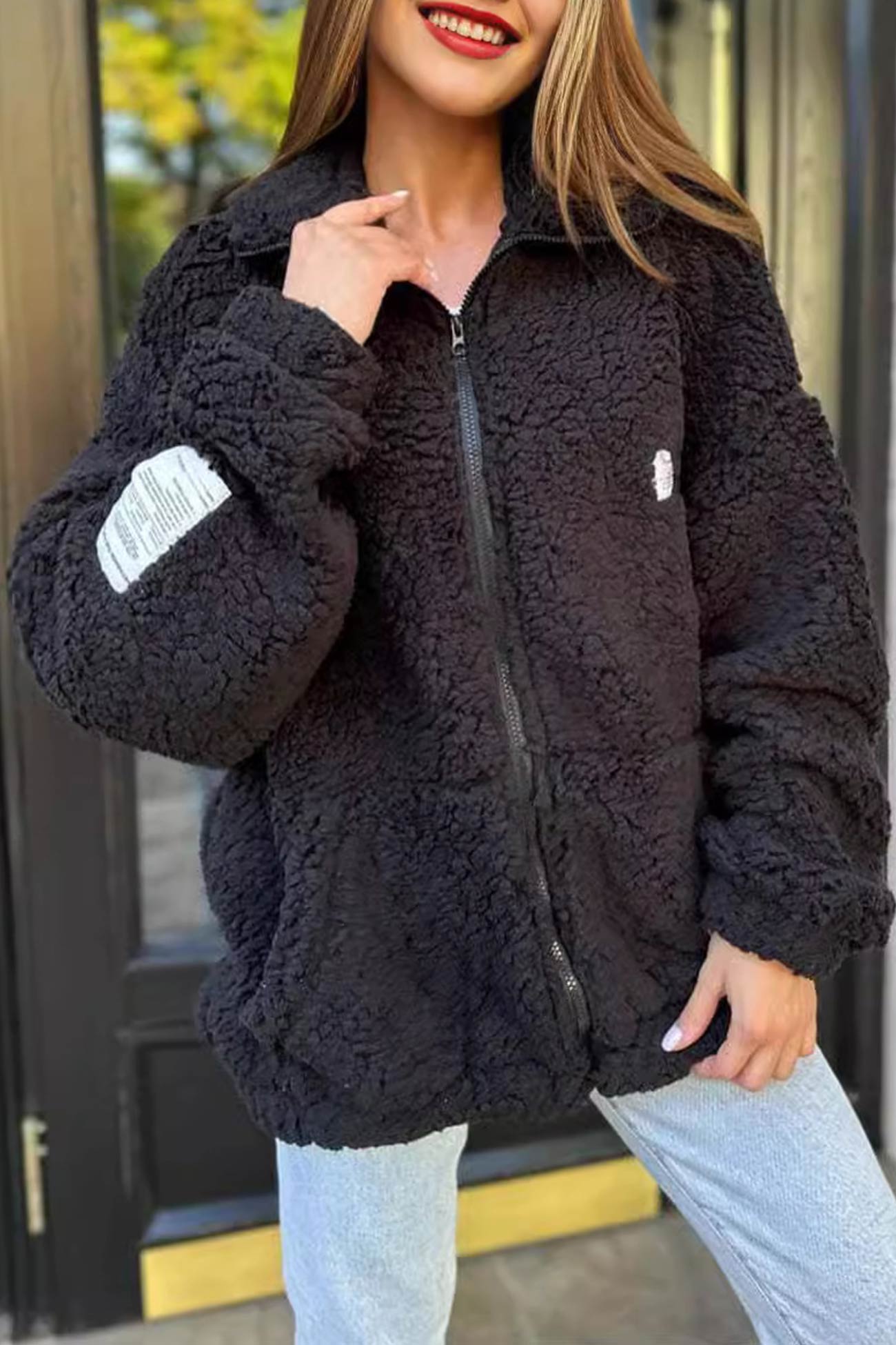 Lapel Zip-up Plush Coat