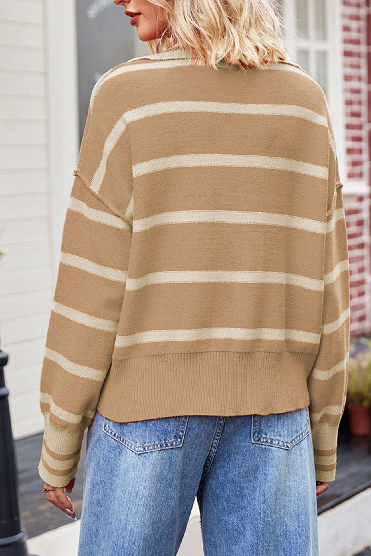 Lapel V-neck Striped Sweater