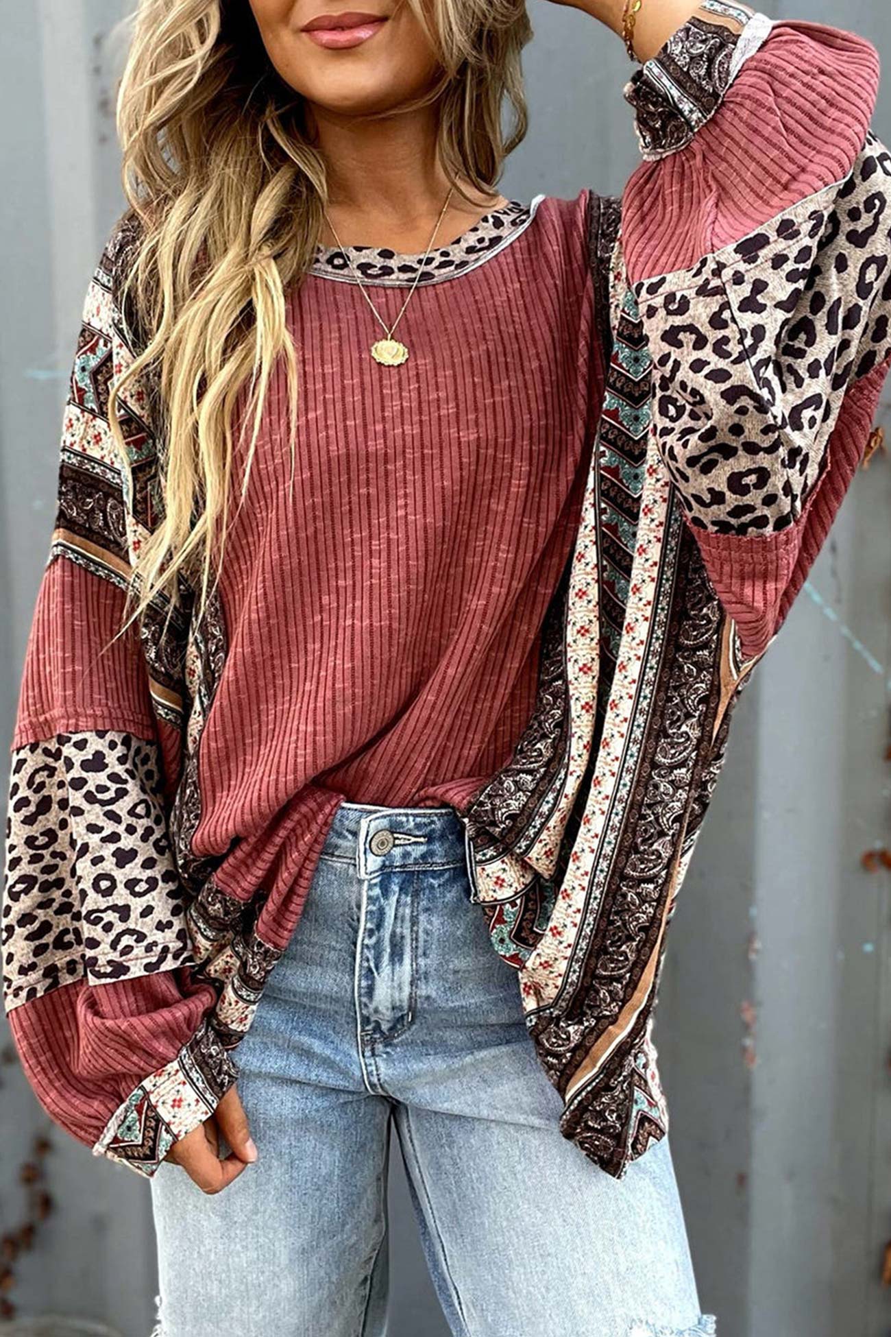 Leopard Contrast Striped Pullover Sweater