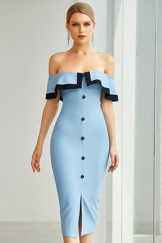 Light Sky Blue Off-The-Should Cocktail Bandage Dresses