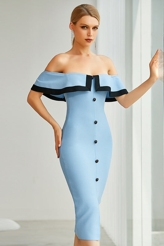 Light Sky Blue Off-The-Should Cocktail Bandage Dresses