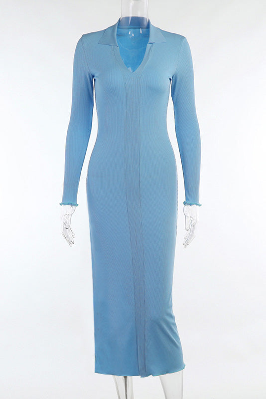 Light Sky Blue Long Sleeve V-Neck Dress