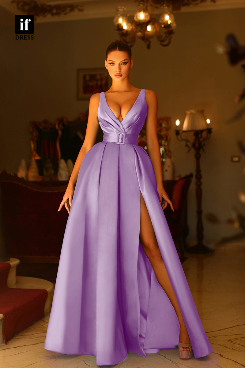 34741 - Classic Low V-Neck A-Line Belt Prom Evening Formal Gown with Slit