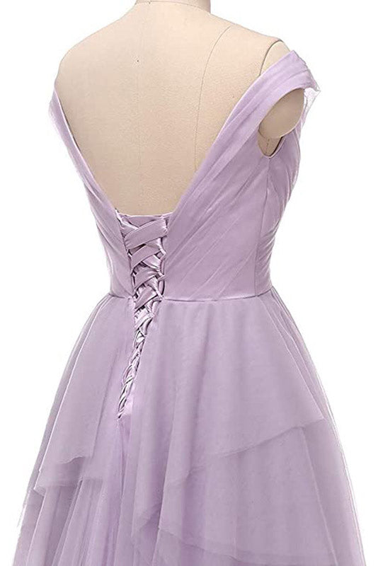 Lilac Tulle Backless A-Line Prom Gown Evening Dress