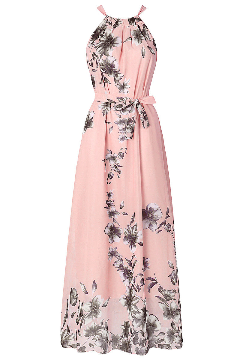 Long Pink Print Sleeveless Prom Gown Evening Dress