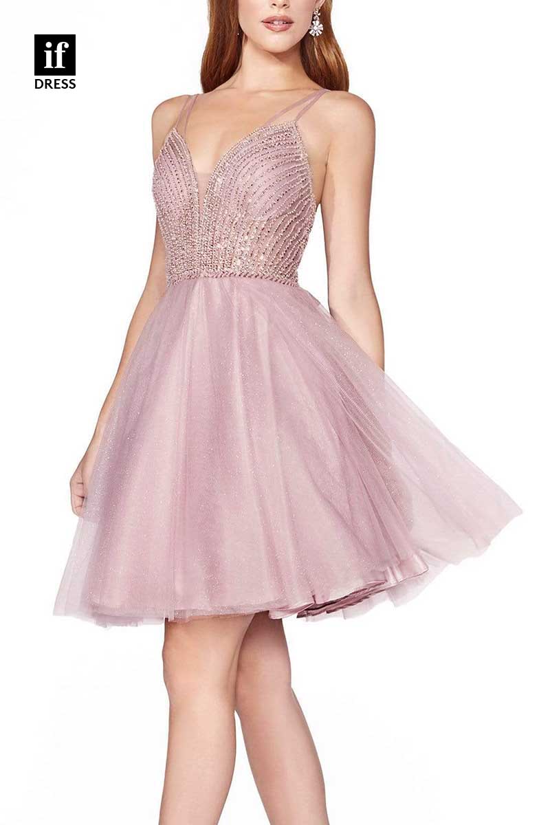 F1269 - Charming Spaghetti Straps V-Neck Sparkly Coaktail Homecoming Dress