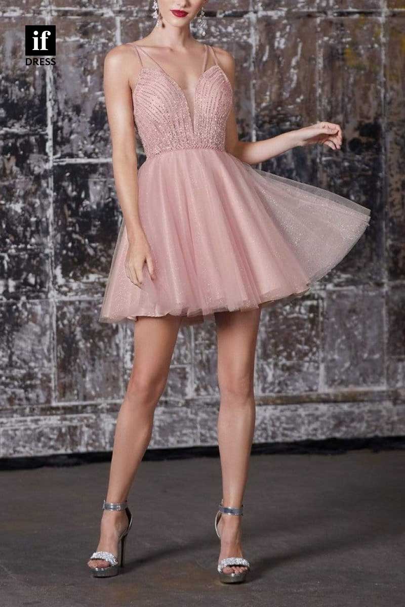 F1269 - Charming Spaghetti Straps V-Neck Sparkly Coaktail Homecoming Dress