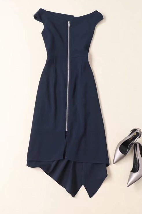 Meghan Markle Dark Navy Asymmetric Cocktail Party Dress