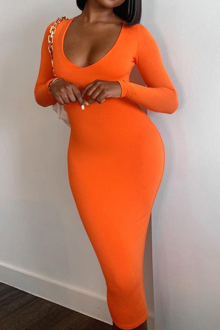 Mid Length Orange Long Sleeve Bodycon Dress