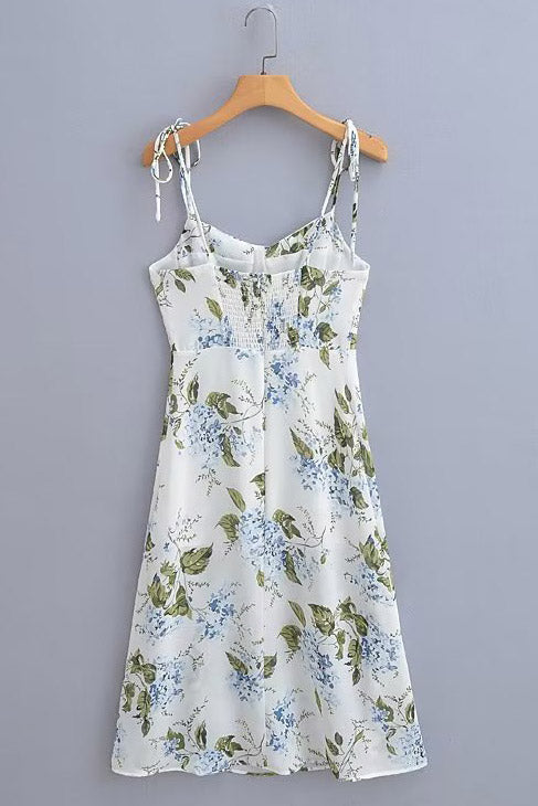 Midi White Print Spaghetti Straps Dress