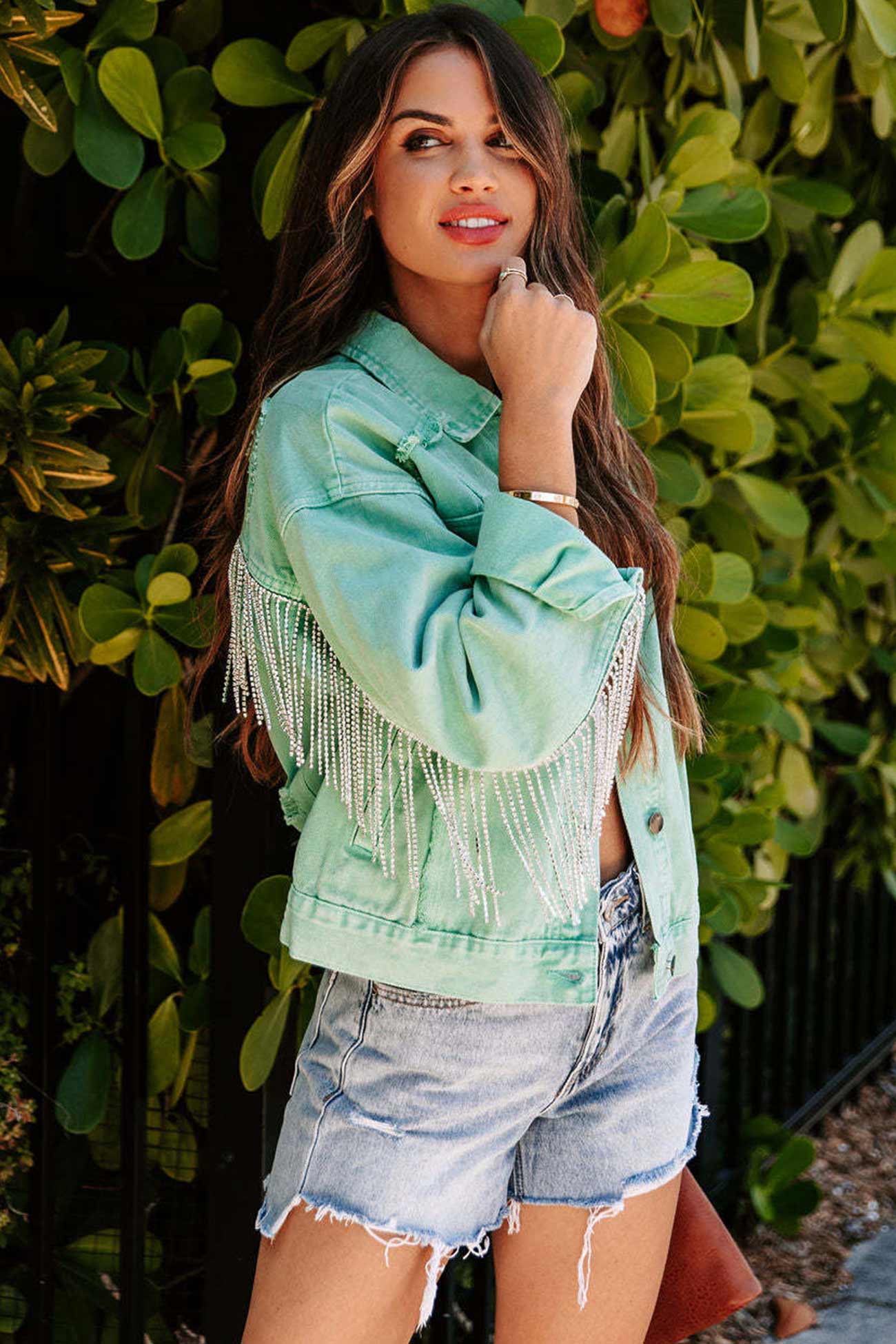 Mint green Chain Tassel Denim Jacket