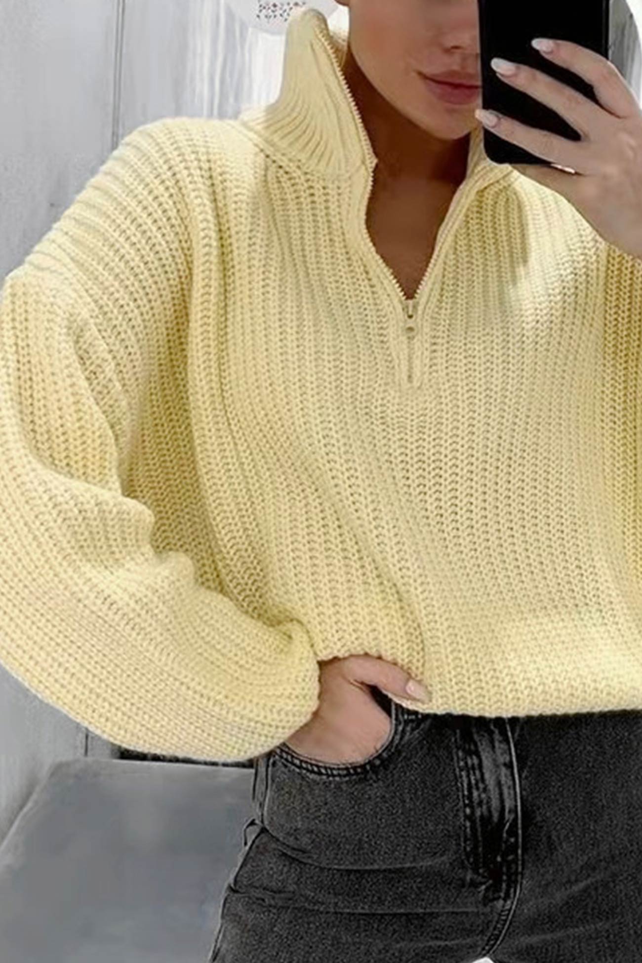 Mock Neck Zip Pullover Knit Top