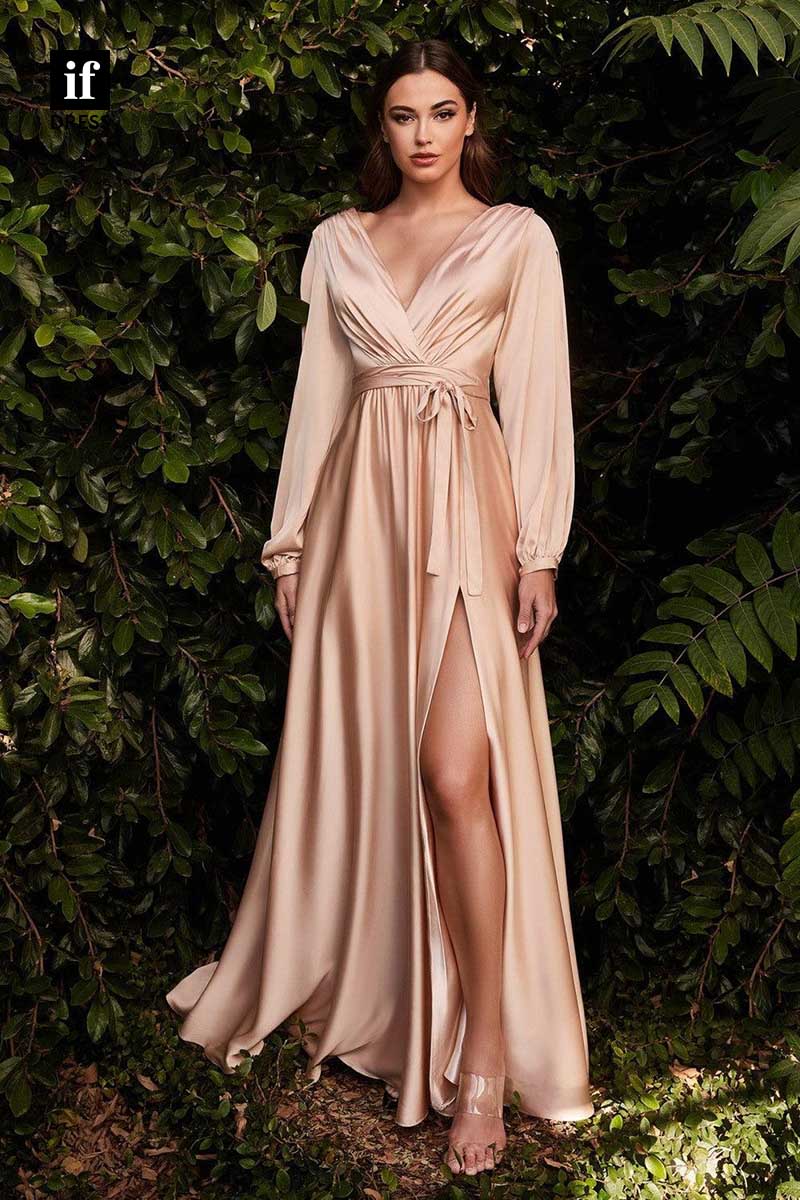 31924 - Classy V-Neck Long Sleeves High Slit Prom Evening Bridesmaid Dress