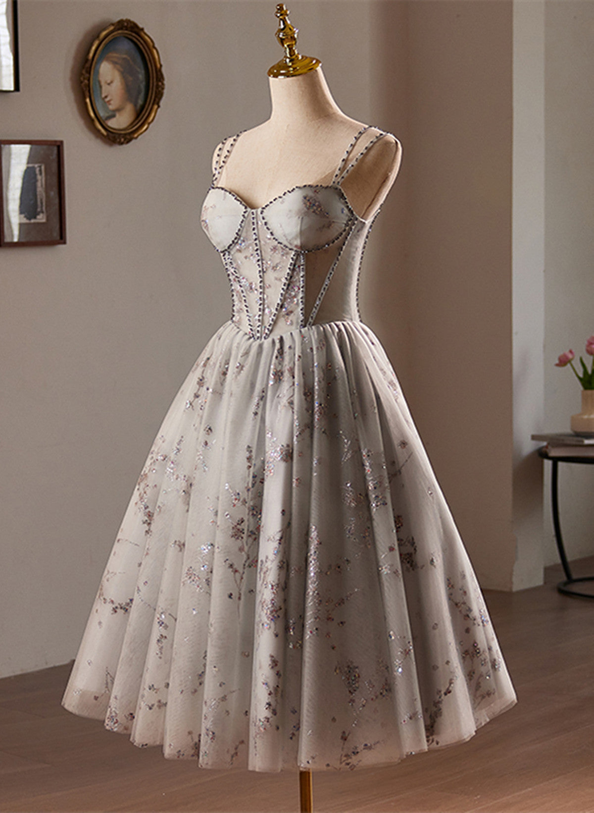 A-line Grey Knee Length Beaded Homecoming Dress, Grey Tulle Short Prom Dress