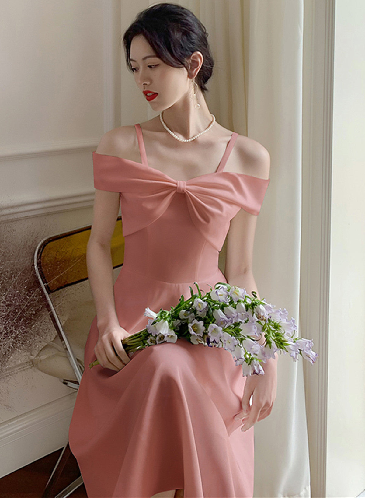 Cute Pink Tea Length Off Shoulder Wedding Party Dress, Pink Short Party Dress