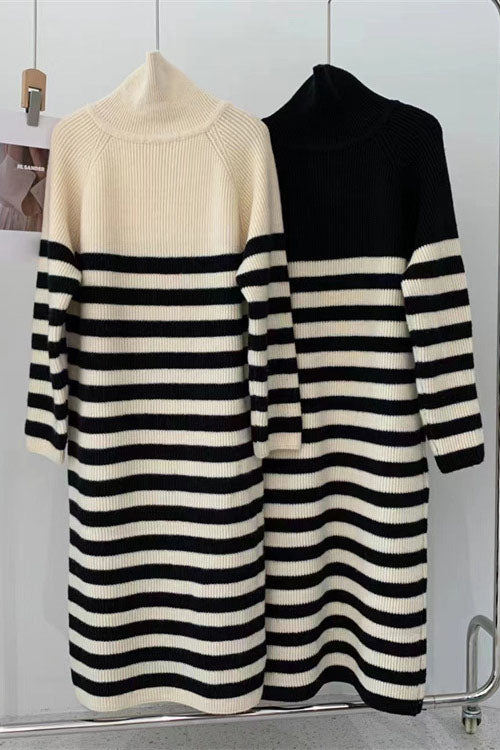 Zip half turtleneck contrast striped mid-length knitted dress