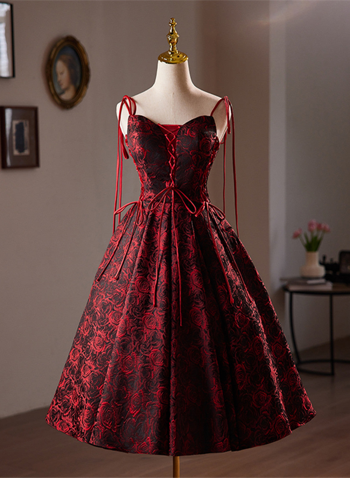 Wine Red Floral Satin Straps Knee Length Party Dress, Wine Red Homecoming Dress