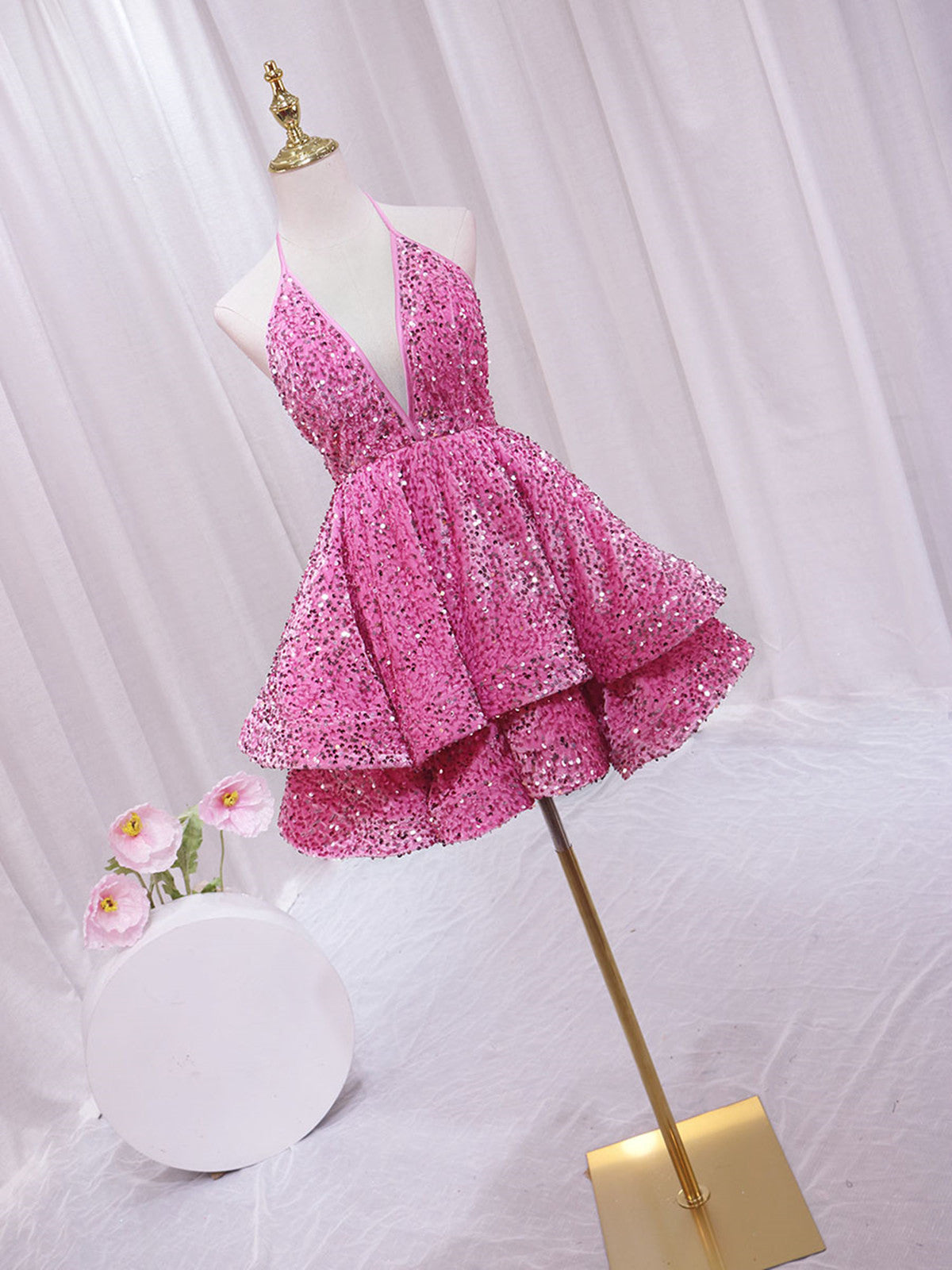 Pink Sequins Halter Backless Short Homecoming Dress, Pink Short Prom Dress