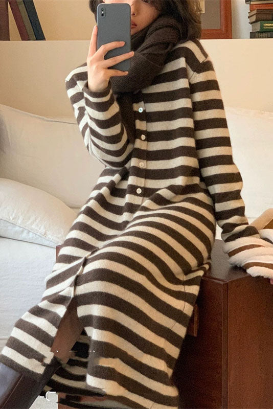 V-neck striped knitted cardigan long dress