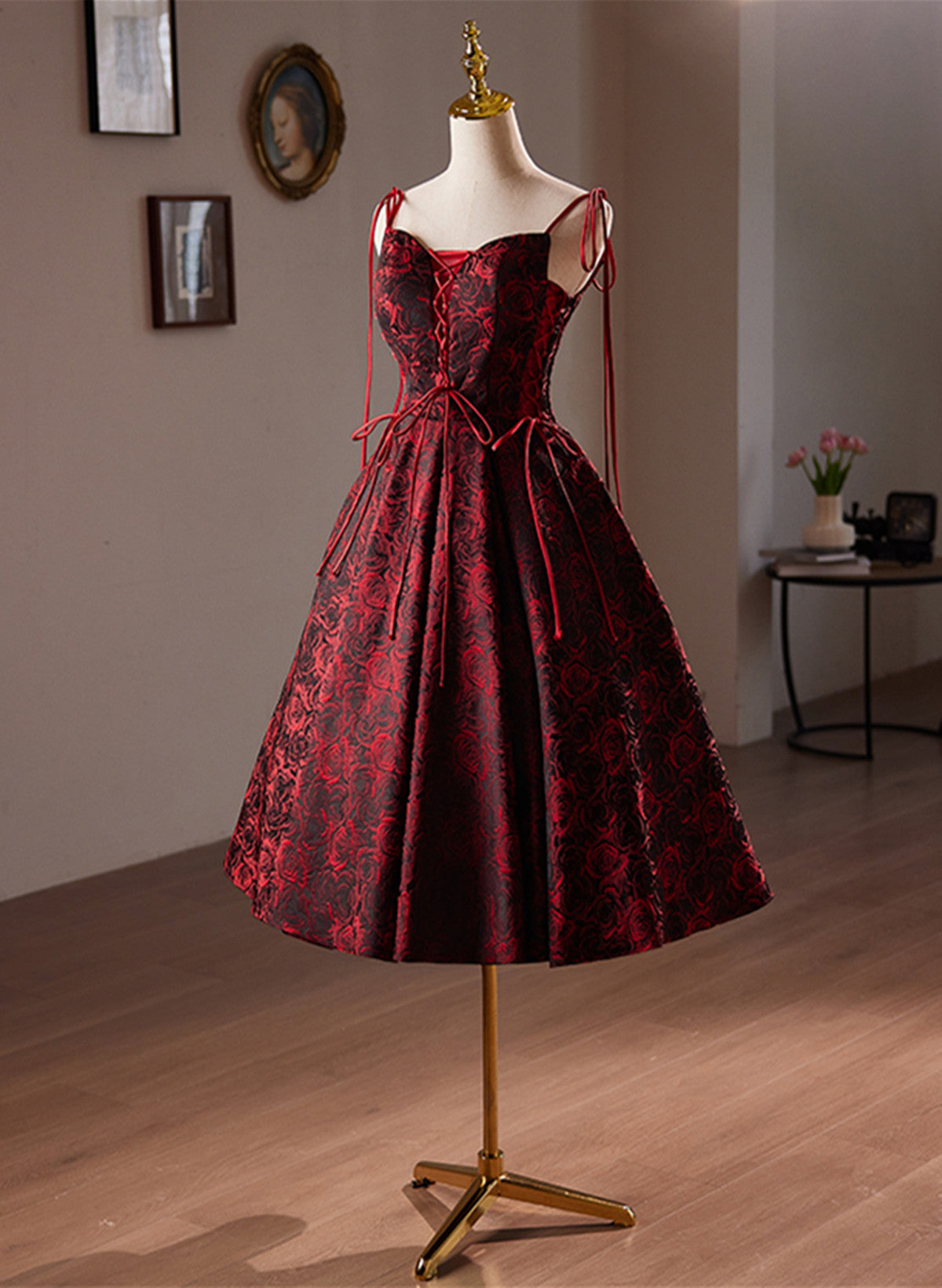 Wine Red Floral Satin Straps Knee Length Party Dress, Wine Red Homecoming Dress