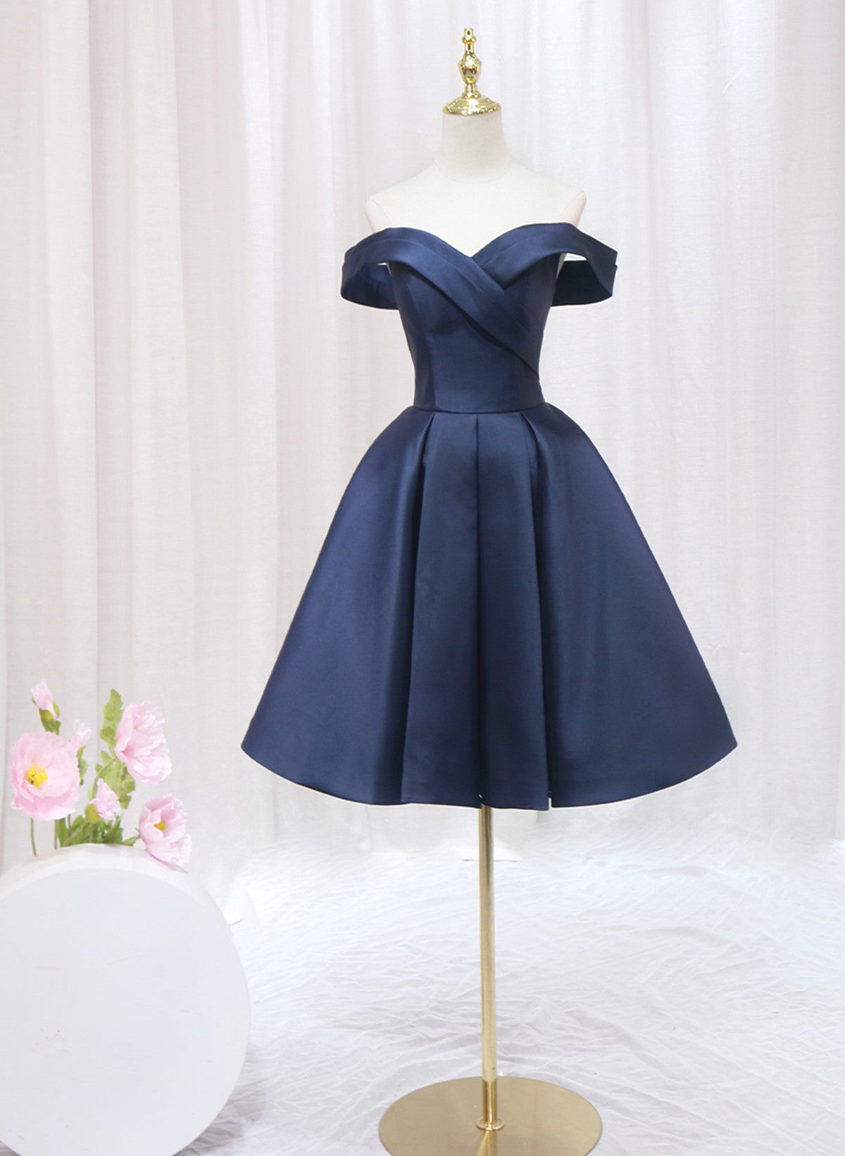 Navy Blue Satin Off Shoulder Homecoming Dress, Navy Blue Prom Dress