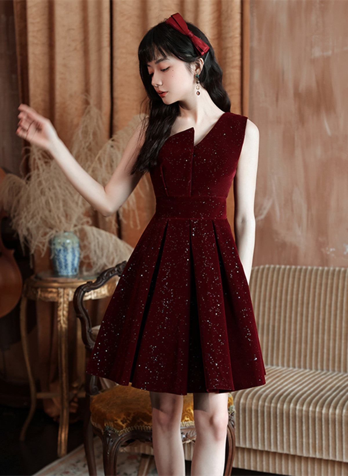 Wine Red Shiny Velvet Short Party Dress, A-line Short Homecoming Dress Prom Dress