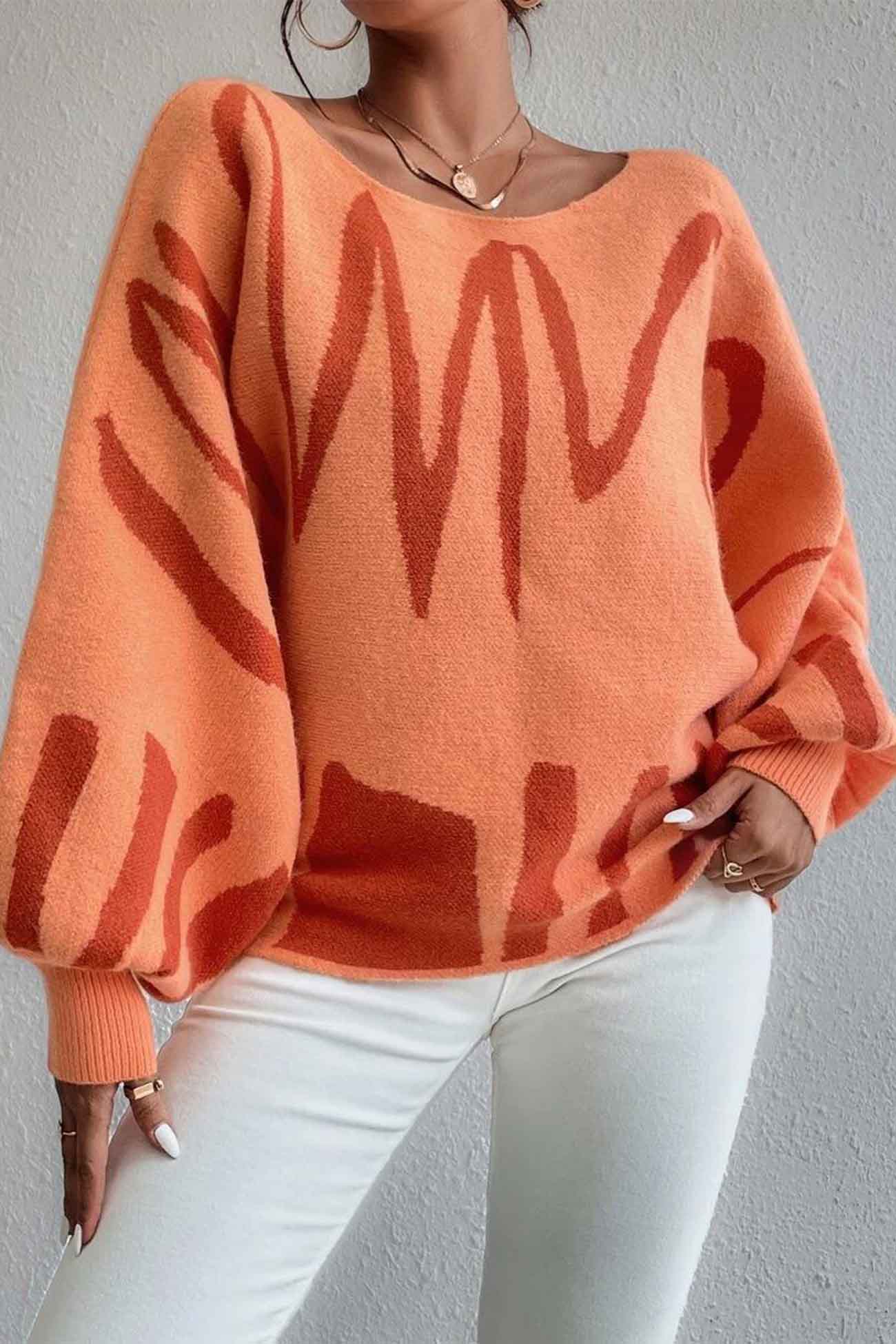 Geometric Lantern Sleeve Knitted Sweater