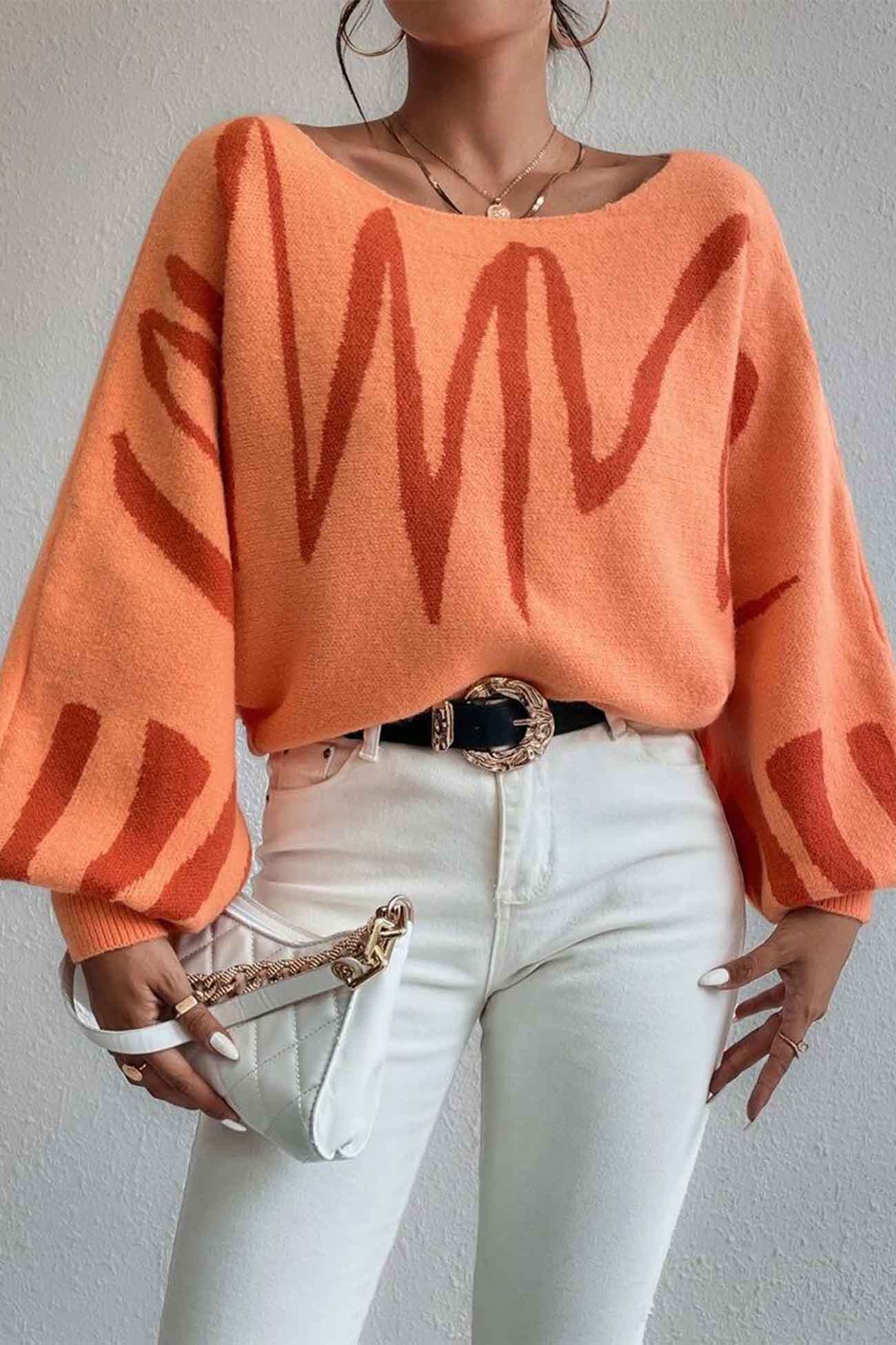 Geometric Lantern Sleeve Knitted Sweater