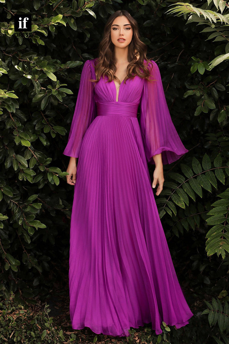 31919 - Elegant V-Neck Ruched Long Sleeves Chiffon Prom Evening Bridesmaid Dress