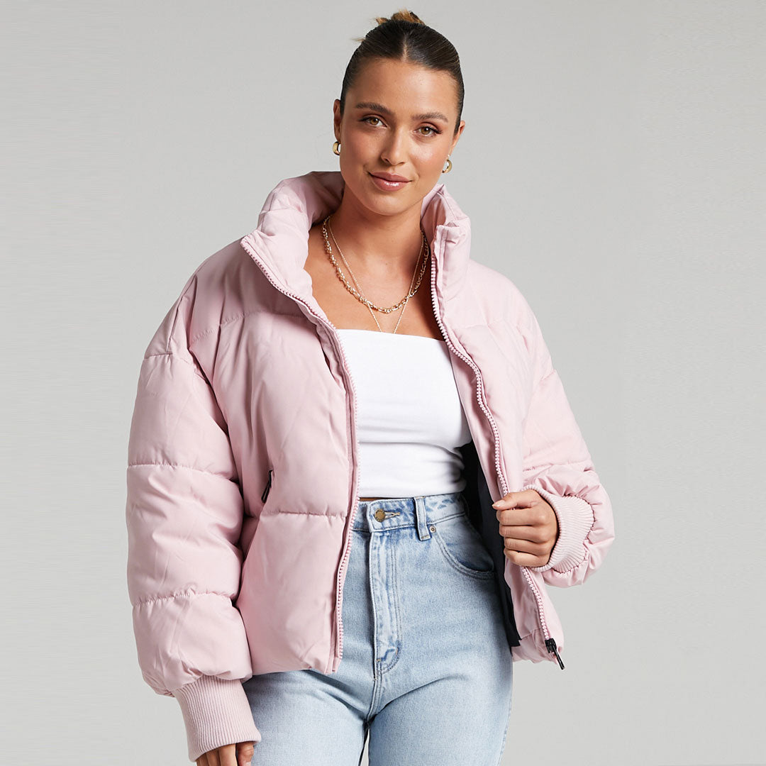 Oversized Stand Collar Side Pocket Zip Front Long Sleeve Puffer Jacket - Pink