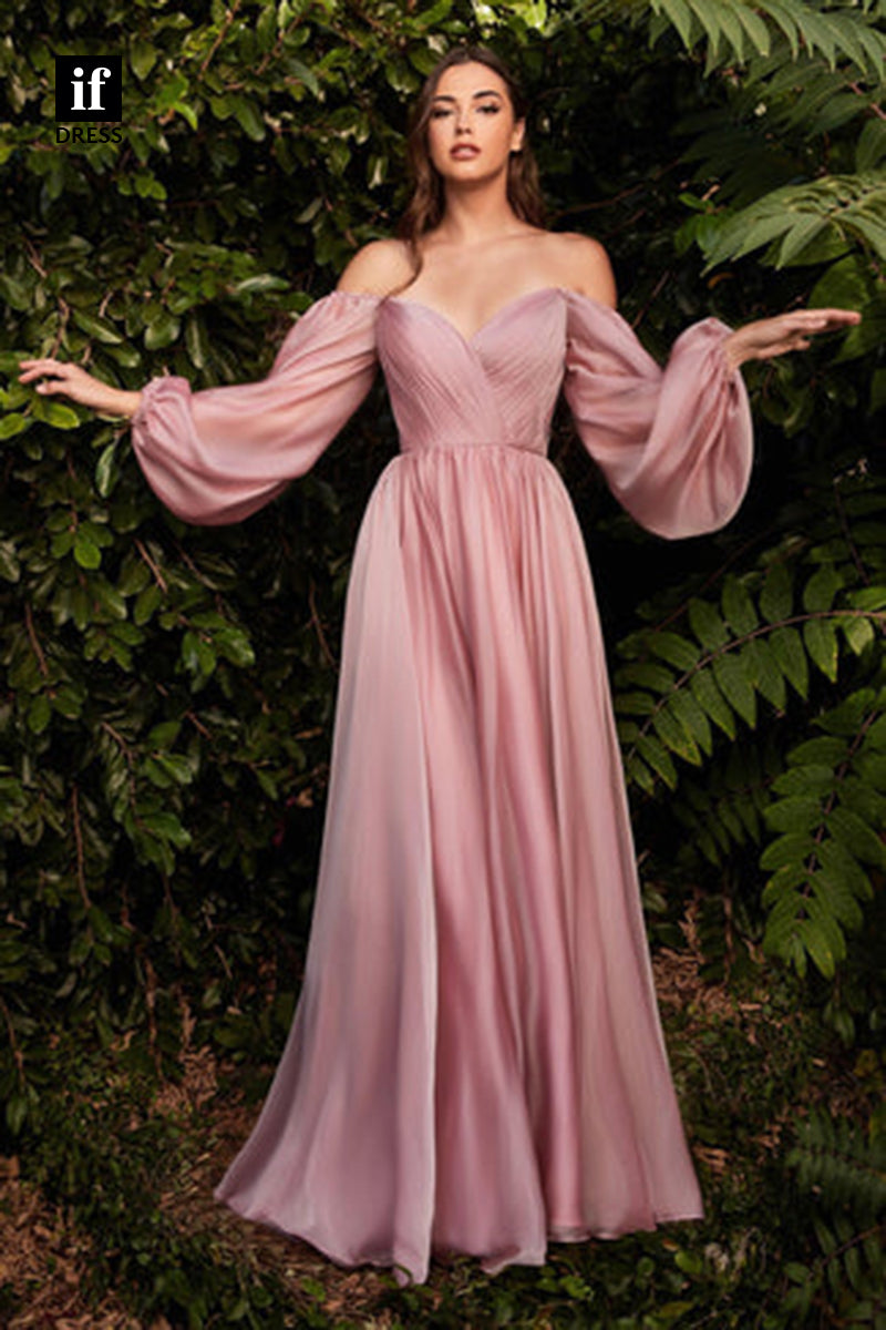 31918 - Unique Strapless V-Neck Long Sleeves Ruched Evening Formal Bridesmaid Dress