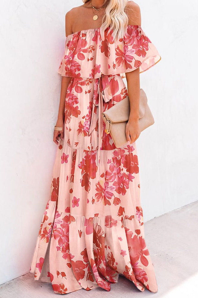 Pink Print Off Shoulder Maxi Dress