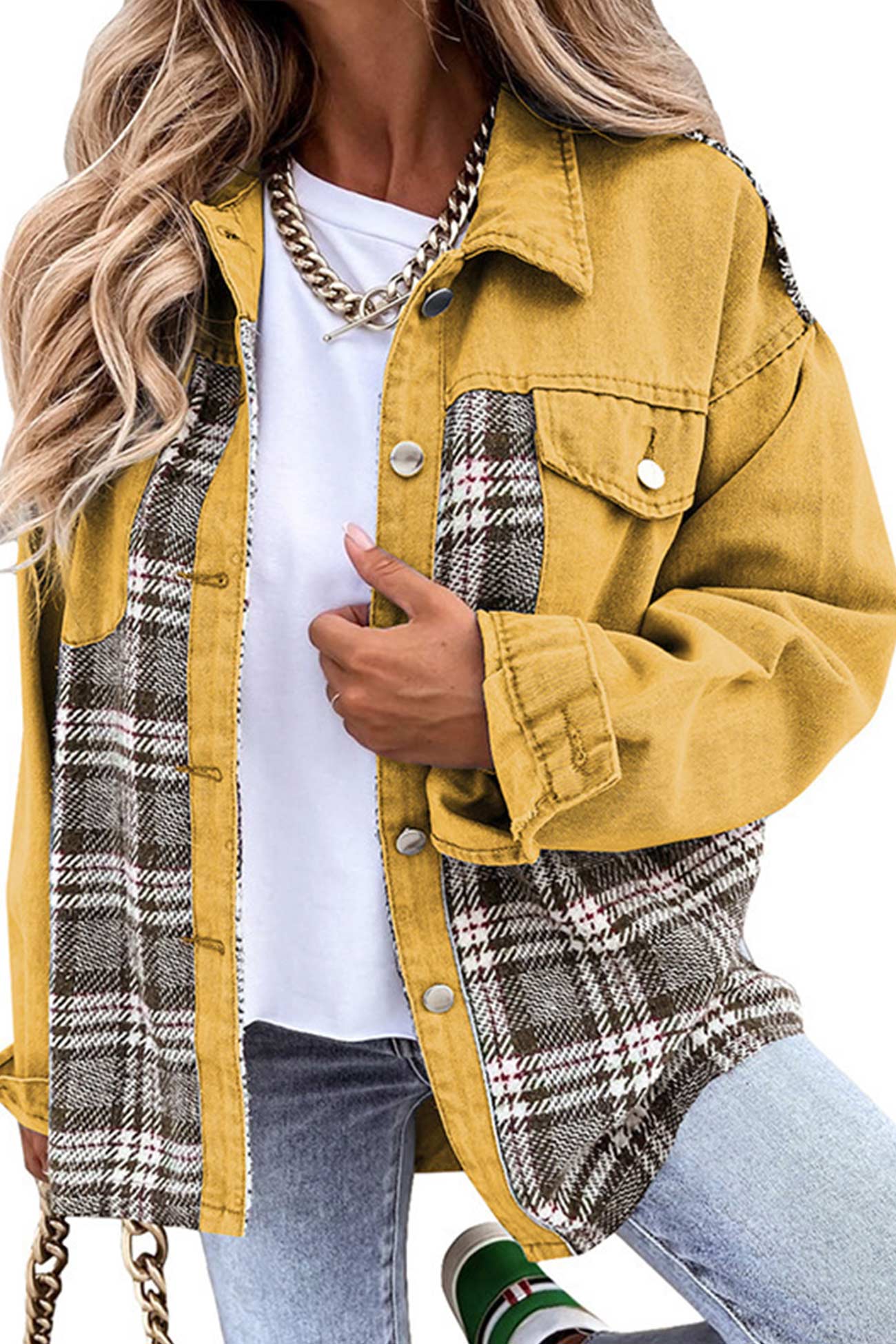 Plaid Patchwork Denim Jacket