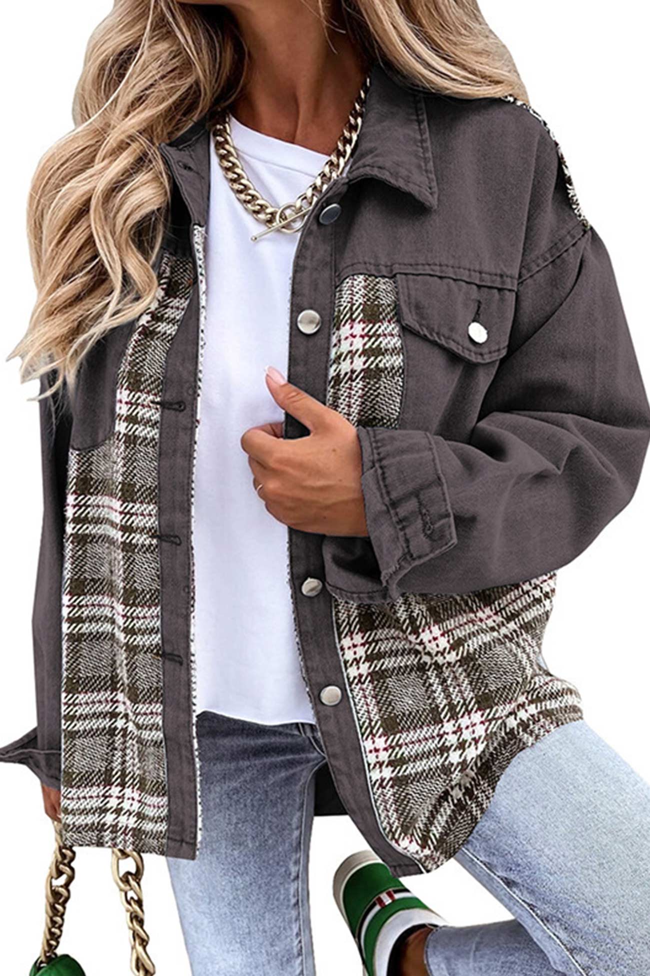 Plaid Patchwork Denim Jacket